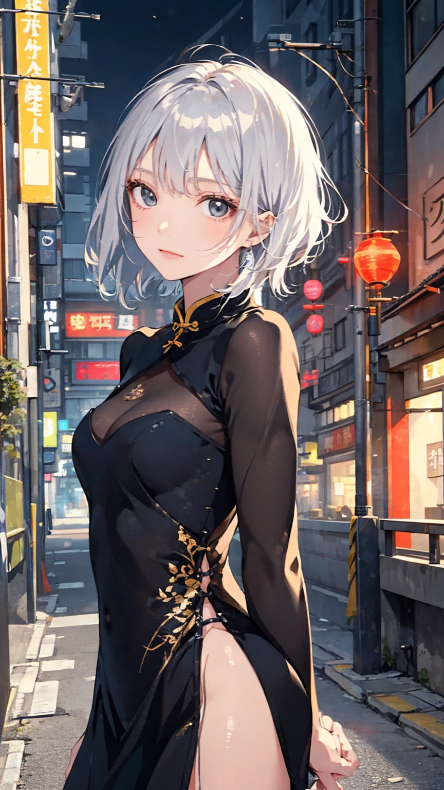 masterpiece,Top image quality,hight resolution,imagem 4k,Raw photo,Photorealsitic,{Solo},teens girl,silber hair,Bery short hair,stare at each other,Blue eyes,小柄,Silver fox ears,Fox tail,Night city,Shy face,,boyish,qipao dress,