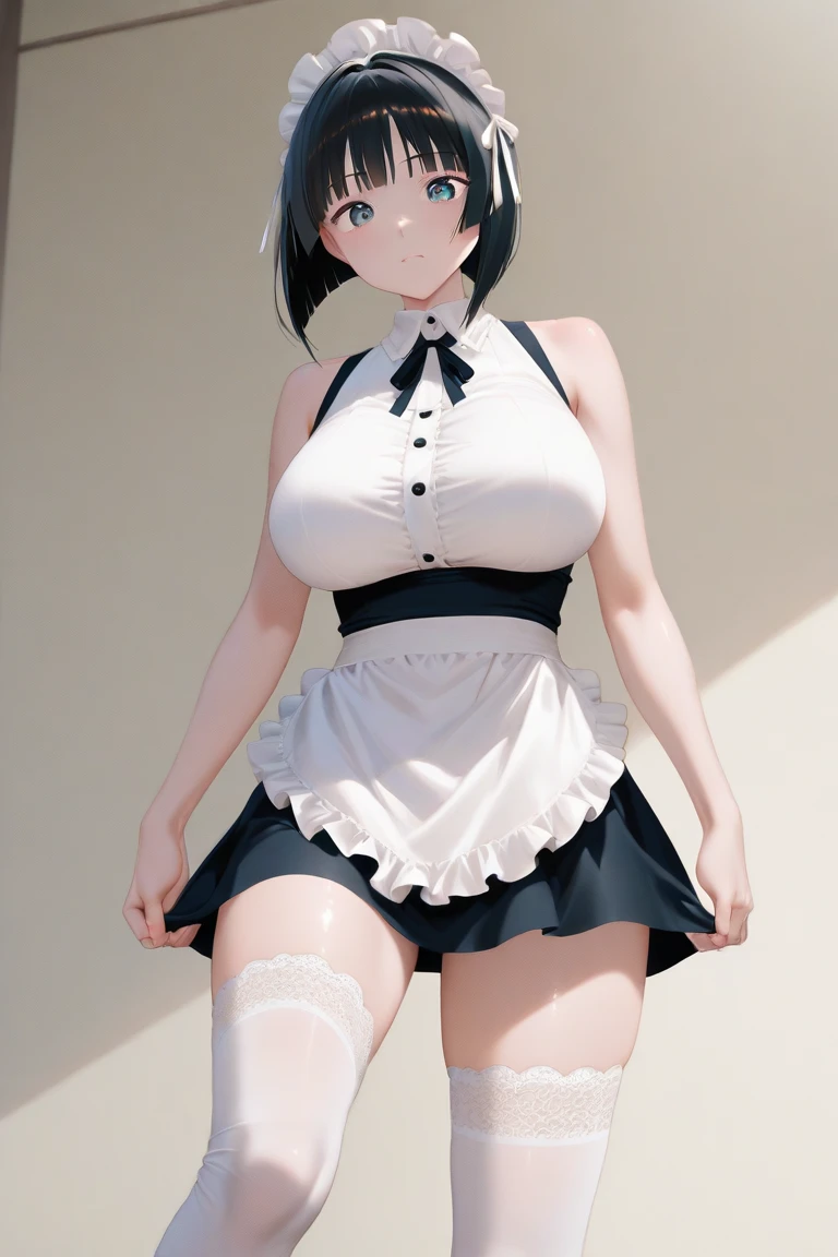 High resolution, Very detailed, perfect lighting, beautiful detailed eyes, ((masterpiece,Best Quality)), absurdities, alone, princess zelda, by the width, crown braid, Hair clip, pointy ears, Gloves without fingers, black gloves, smile, curves, nod, , deep neckline, deep neckline, short skirt, visible underwear, pink thong, touching her breasts in a sexy way, close up, Sexy maid costume, black Sexy maid costume, Thinking in the future, Black hair 