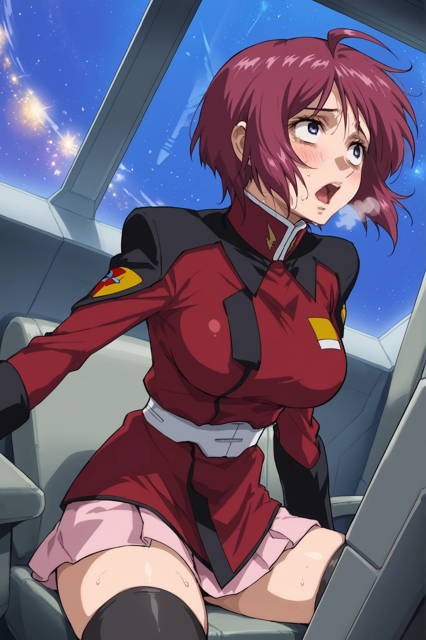 score_9,score_8_up,score_7_up,score_6_up,score_5_up,score_4_up,anime coloring,source_anime,anime screencap,lunamaria,1girl,solo,blue eyes,red hair,short hair,ahoge,destiny jacket,belt,pink miniskirt,pleated skirt,black thighhighs,portrait, solo, be shy of, blush, large breasts, slender waist, wide hips, big thighs, collapsed breasts, heavy breathing, Sweat stains everywhere, arena, dynamic angle, tired, heavy breathing, grinning, (spread legs), sitting, cockpit, pilot, gundam pilot, from side, space, struggling, constricted pupils, screaming, leaning forward, looking up, dutch angle