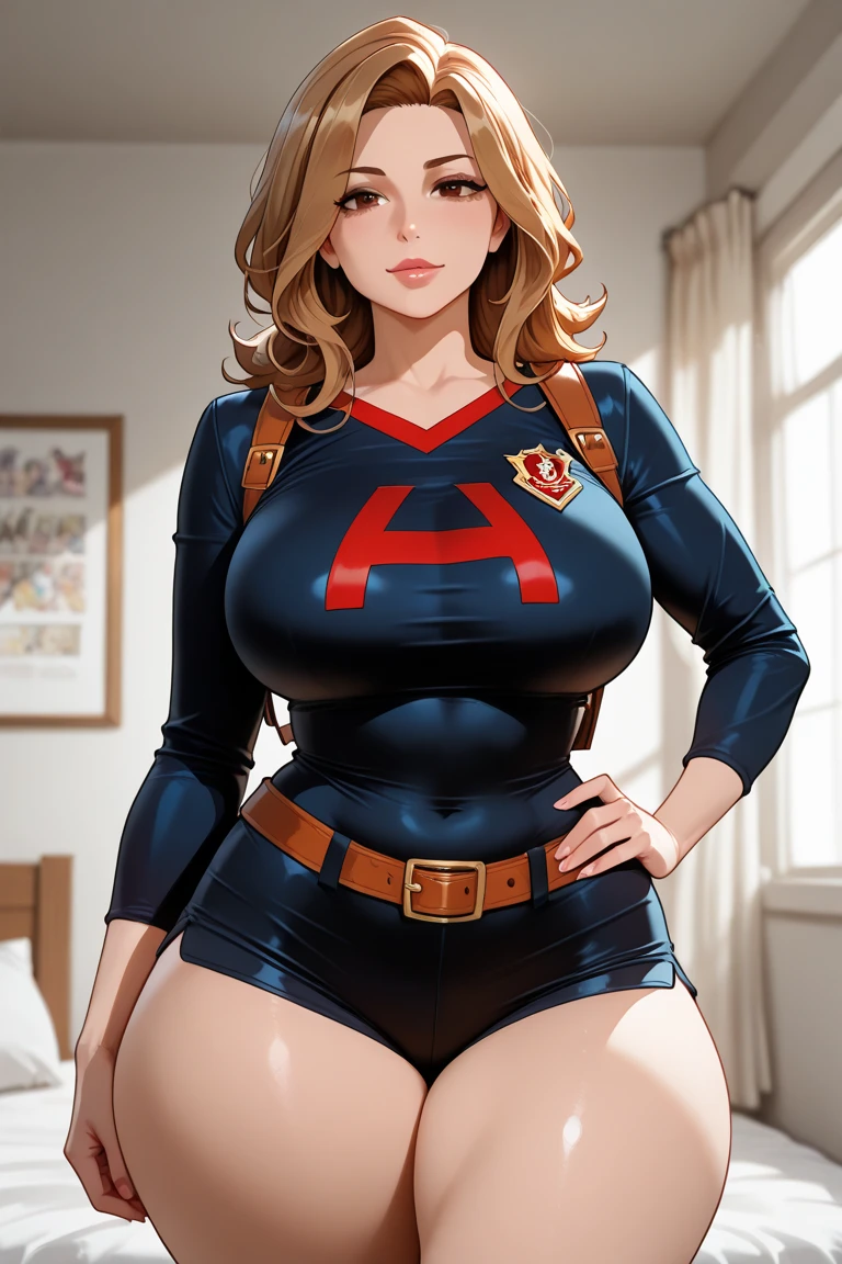 (estilo de desenho animado:1.2), Desenhos de (Hermione granger), Sorriso, olhos verdes perfeitos, rosto detalhado, fundo branco, pose divertida, olhar sedutor,Corpo inteiro usando o uniforme de grifnoria, medium beautiful breasts and wonderful body Cartoon style digital illustration. Usando calcinha pose de foto 3/4