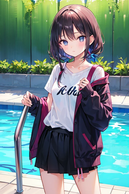 (8k, RAW photo, best quality, masterpiece),blue highlights, 1girl, aqua_nails, bangs, black_hair, black_nails, blue_nails, blurry, blurry_background, blurry_foreground, blush, depth_of_field, drawstring, fingernails, green_nails, grin, hood, hood_down, hooded_jacket, hoodie, jacket, long_sleeves, looking_at_viewer, mole, mole_under_eye, multicolored_hair, nail_polish, pink_nails, pool, purple_nails, red_nails, shoes, short_hair, shushing, smile, sneakers, solo, squatting, thigh_strap, thighs