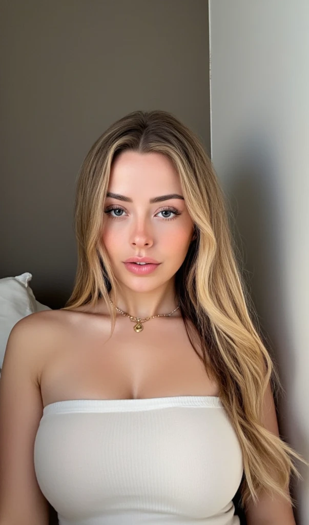 A 23-year-old blonde woman, ((pechos grandes)), ((hiperrealismo)) ,. blonde hair with light brown roots. cabello rubio, Hair with brown roots, cabello extra largo, cabello muy largo, Cabello muy largo, hermoso, vista de perfil, Foto tomada con iPhone, traje con escote, escotada, maquillada, autofoto chalet de lujo, fondo desenfocado, alta calidad, autofoto iPhone, escote, ojos verdes, labios carnosos