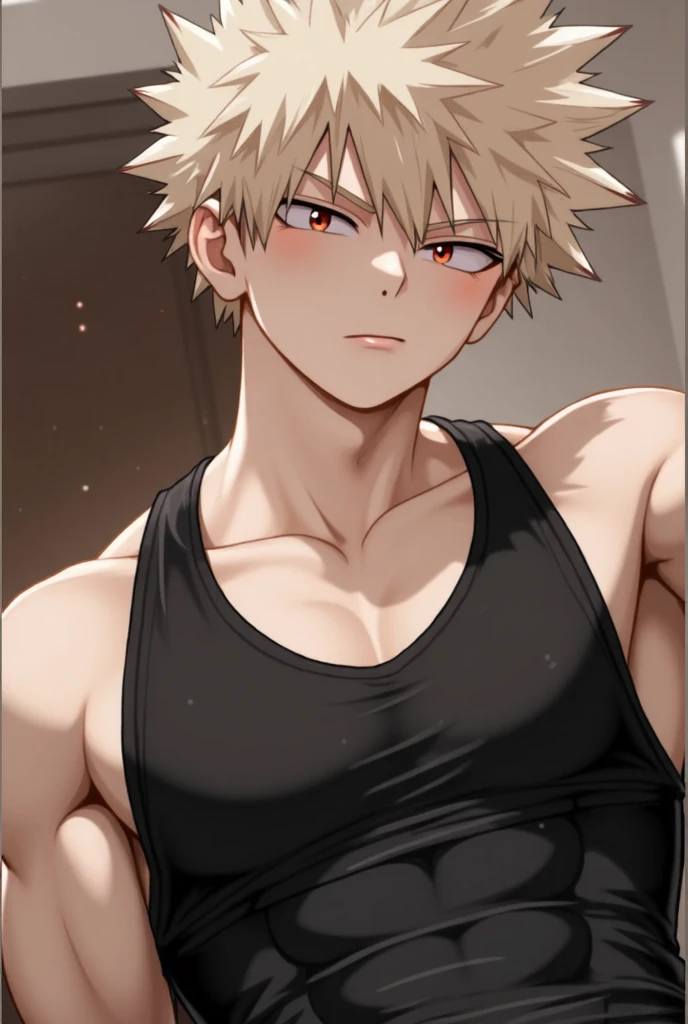 Katsuki Bakugou, blondie hair, muscular and attractive body, beautiful face, wearing a black tank top, defined arms and chest, Eyes red