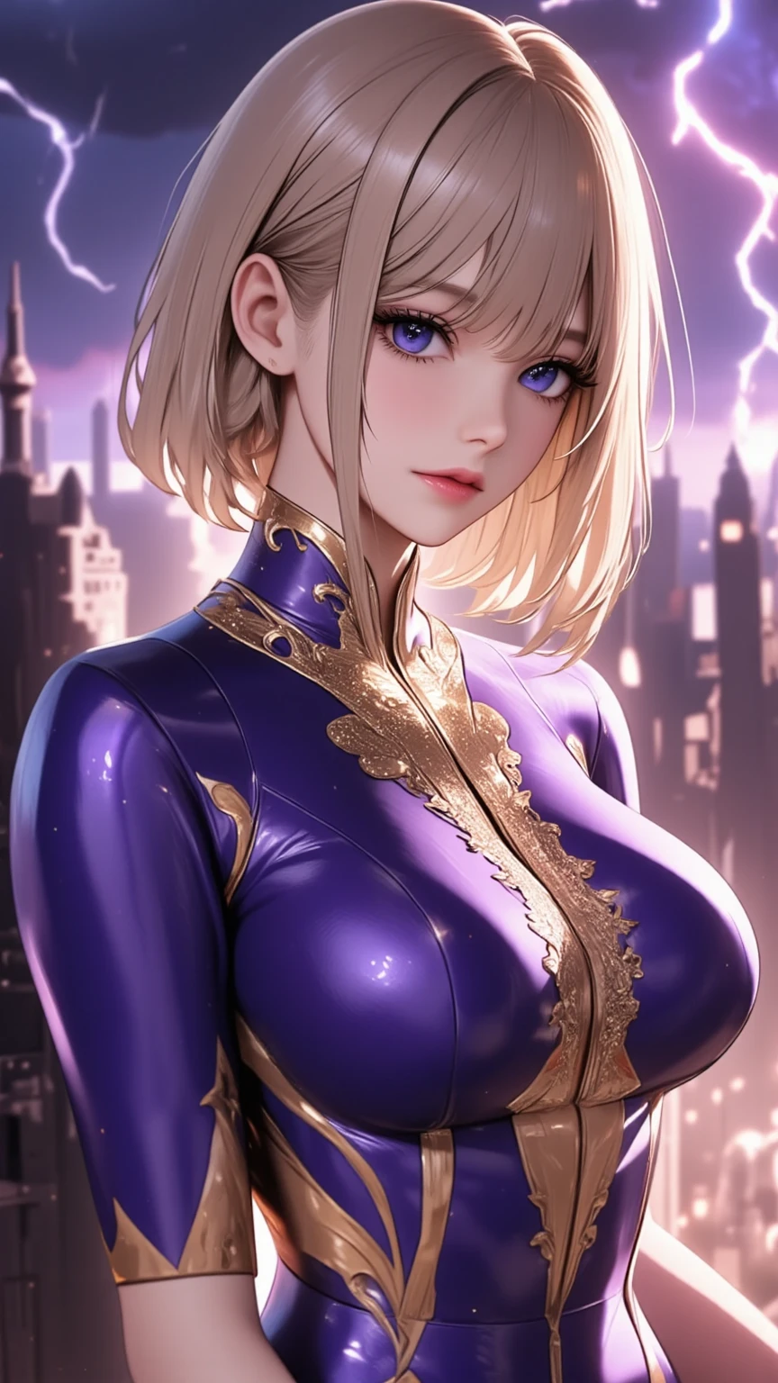 An exquisite masterpiece，Best quality，Illustration style，A girl with short hair，Floating hair，huge tit，sideface，On the street，Young and beautiful，There is a gold part in the dynamic position，Large aperture portrait，Screen whitening，strong contrast of light and shadow，the texture is super strong，Bright shades，the picture is super clear and concise，Extremely beautiful，The temperament is elegant，Delicate facial expressions，Background bokeh