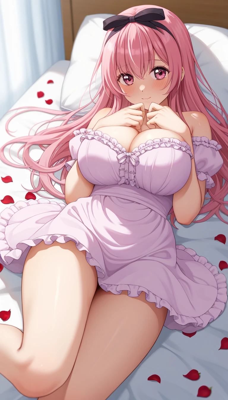 Masterpiece、Highest quality、Super detailed、1 girl、Light pink hair、Fluffy and soft long hair、Starry eyes、Big Tits、Cleavage、Too big breasts、Sheer pajamas、bed、Wide open chest、A button that looks like it's going to pop、Belly button、Soft light