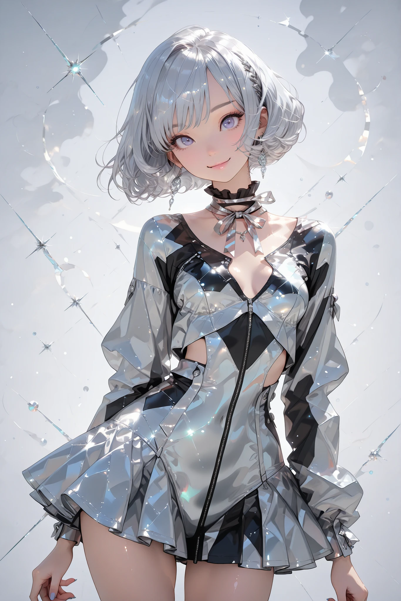 1 girl, shiny Silver metallic Hair, Shortcuts, Bob cut, shiny Silver metallic thigh high sox, shiny Silver metallic frill mini skirt, shiny Silver metallic Frill neck ribbon, shiny Silver metallic Large frill ribbon on the back,
BREAK
(perfect Slim style:1.2), (perfect kawaii face:1.2), (natural skin:1.2), (perfect fit coordinates shiny reflective silver metallic outfit:1.3), silver round eyes, (closed eyes:0.5), narrow eyes, (happy, Natural smile), head tilt, spherical breasts,
BREAK
(metallic silver background:1.2),
BREAK
(transparent Ethereal picture), (best quality:1.2), 8K, (high res:1.2), (intricate detailed:1.3),
(pale pastel tone:1.1), amazing depth, perfect balanced, smooth painting, cinematic lighting, cinematic angle, artistic photorealism, bold fine outline, (super flat anime style), abstract, metallic shine, metallic mercury suit,
