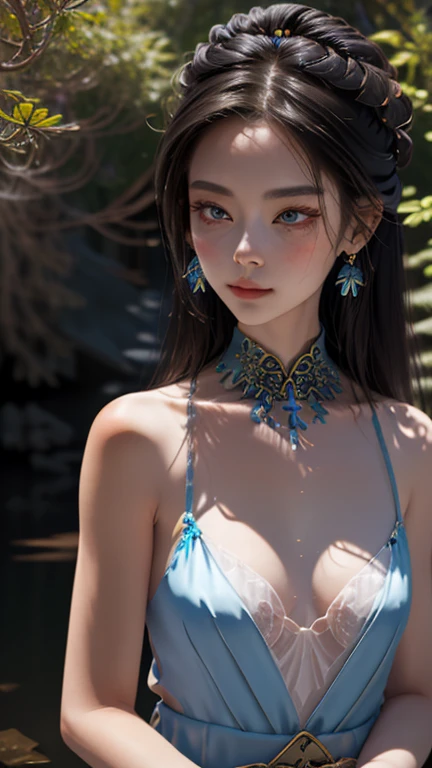 highest quality、masterpiece、Super high resolution、16K photos、(blue dragon armor)、(((big breasts)))、(((big flower decoration on head))),(((Micro bikini with attention to detail))),(wears a beautiful crown made of precious stones),(Photoreal:1.4)、RAW photo、1 girl、(((random hair))、(((take various poses)))、glowing skin、(((white dragon)))、intricate and gorgeous hair ornaments、(Looks like a gorgeous jewelry necklace)、(whole body angle)、(fight big dragonet bikini)、((beautiful lake background)),(beautiful forest background)、((Super realistic details))、Portrait、global illumination、(sexy pose)、Shadow、octane rendering、16K、big breasts、Raw skin exposed in the cleavage、Metal、intricate decorative details、Japan details、very intricate details、blue eyes、Eyes shining towards the camera、two stock、(whole body angle)、(veil)、(((heavy big))),((she is wearing a beautiful jeweled bangle.)),