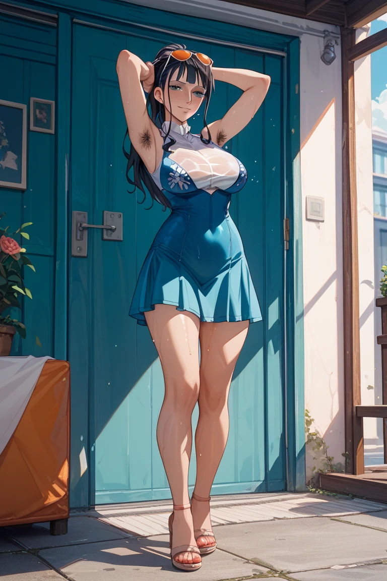 solo, blue dress, red panties, skirt lift, cleavage, breast cutout, standing, smirk, looking at viewer, mikyung