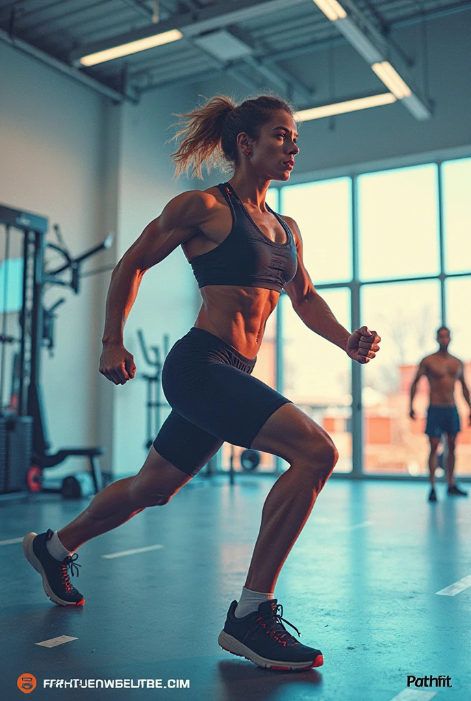 Woman performing leg exercise at the gym, illuminated place
