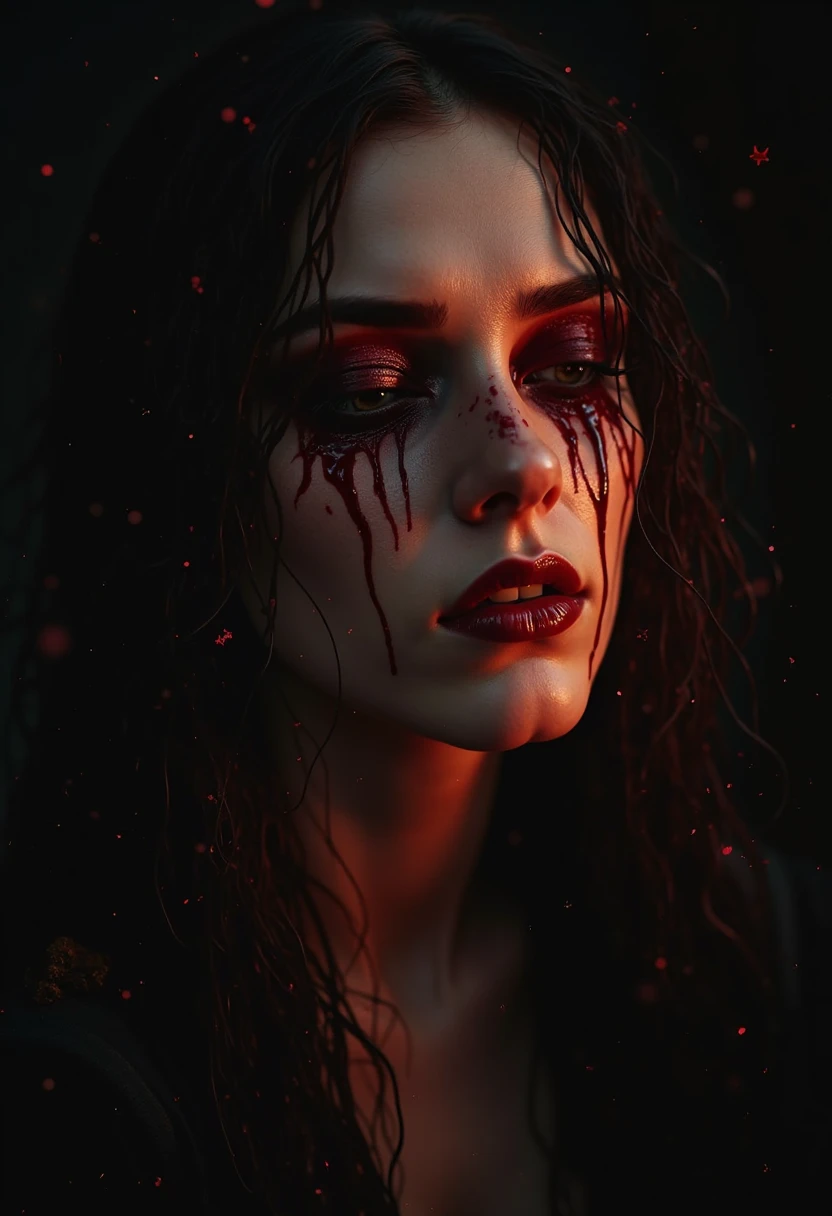 a portrait of vampire with a bloody tear coming down from he eye, an exotic beautiful female vampire, dynamic hair color, dynamic hair style, ultra detailed face, best detailed face, dynamic eye color, ((1single red tear made of blood coming down from the)),  Ultra-high resolution, High Contrast, (masterpiece:1.5), highest quality, Best aesthetics), 16K fantasy art, best details, best quality, highres, (ultra wide angle: 1.2), 16k, [ultra detailed], masterpiece, best quality, (extremely detailed), ladyshadow, magical sky,