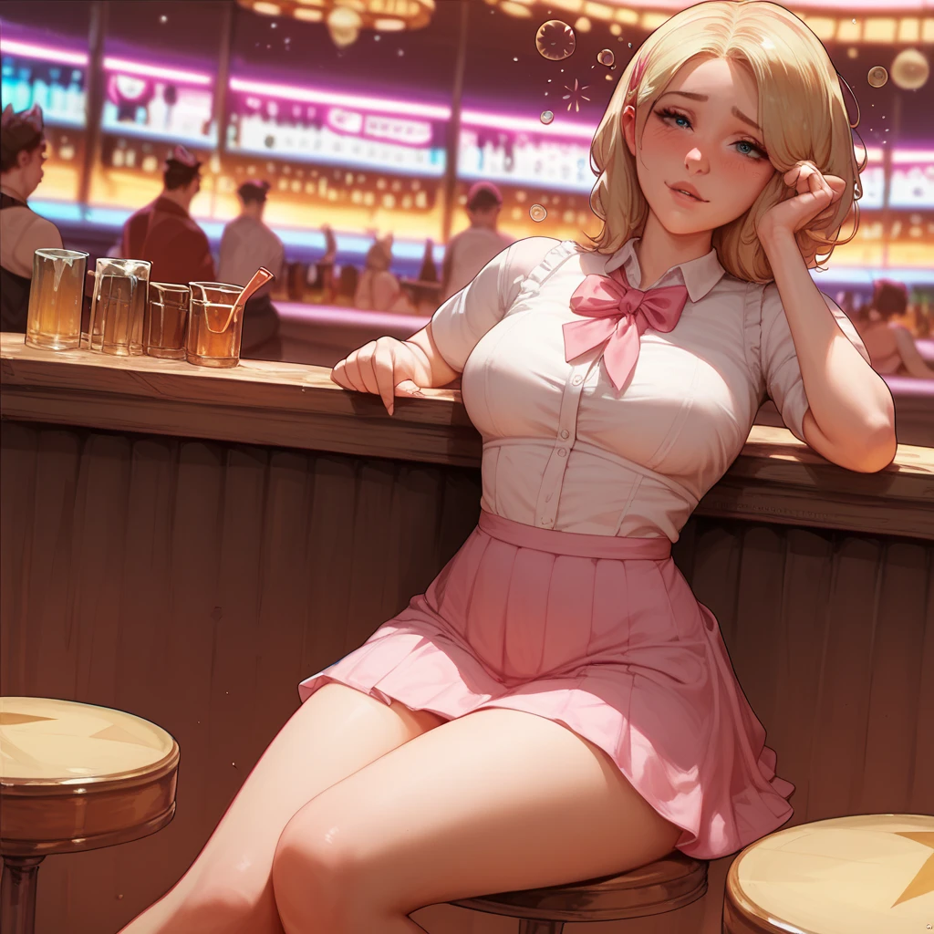 professional photography of (full body 1.4), full body photography (4k photo: 1.1) of (Jeremy Lipking: 0.3), (Dittmann Anna: 0.3), (Arian Mark: 0.3), (sharp focus: 1.3), high detail, realistic skin, freckles, elegant business woman, very short white pleated mini skirt pushing up her skirt, detailed skirt, bare chest, lace stockings, red shoes, full view, restaurant, blonde hair with braids, Instagram model, sensual pose, full body view, confident girl, fit, slim girl, small breasts: 1.2, perfect anatomy, perfect symmetry: 1.2, realistic, realistic face: 1.2, perfect face, happy , confident, very detailed and dramatic, cinematic lighting, bright scene, soft lights, breasts exposed, nsfw, white thong