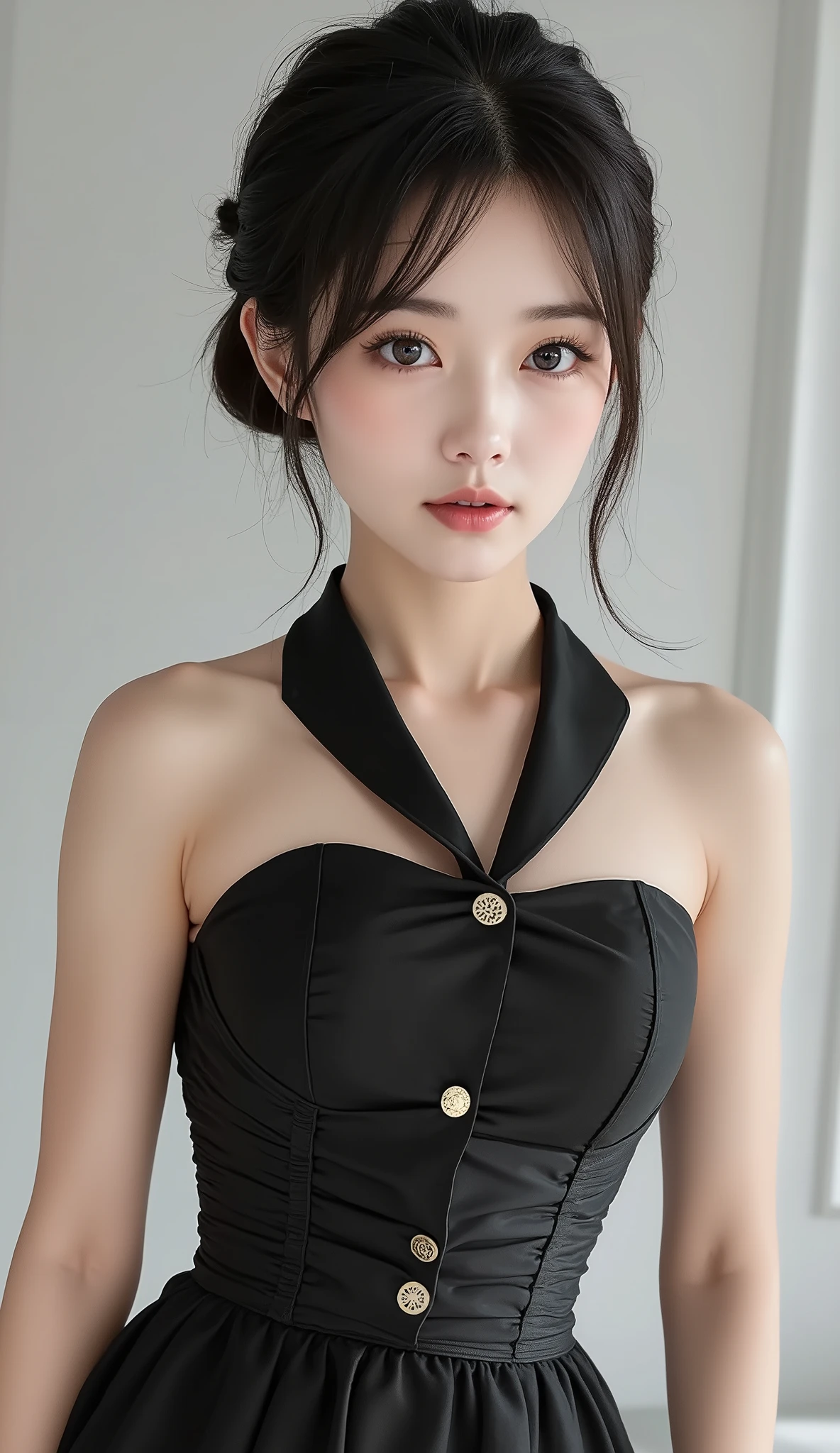detailed background, masterpiece, best quality, 1 person , curly hair, long hair, purple eyes, star in eye , grey Strapless blouse, long skirt, grey , grey blouse , beautiful bow, detailed bow,