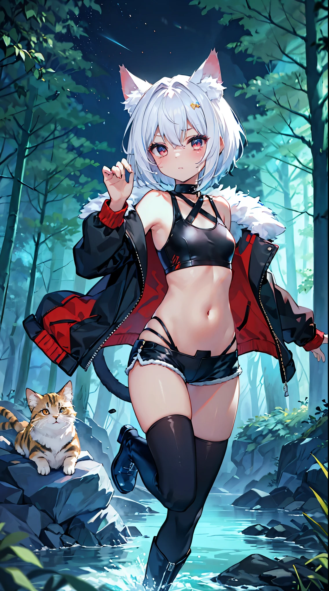 top grade 、white hair、short hair,red eyes、Beautiful Girls、Petite、Cat ears,flat chested,(jacket,Tankini,fur,hotpants,boots,navel,),in the Dark Forest,waterfall,watery eyes,crying face,night,