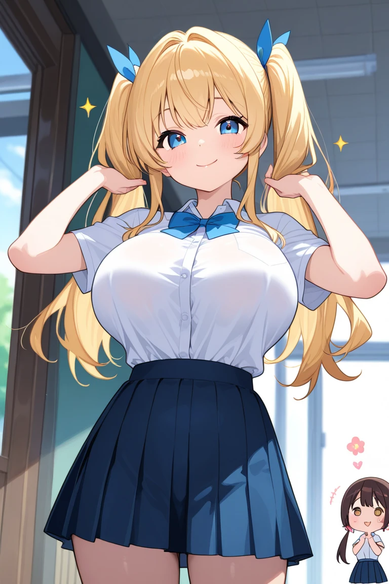 (masutepiece, Transparent air, Transparent eyes,Best Quality, Perfect Anatomy, High quality:1.4), absurderes, absolutely resolution, unbelievable Ridiculous, hight resolution, ultra-detailliert, Official art, Unity 8k壁纸, Kinetic typography,nice hand, Perfect hands, Detailed beautiful hands, Large_filesize, fulcolor, hight resolution, symmetric, exceptional, Best aesthetic, newest, Anime, very beautiful detailed body,The hair,faces,The eye, BREAK, 1 beautiful girl, girl with, (Cute:1.5),(Chibi:0.5),(kawaii:2.0),(Lori:2.0),( girl),(large full breasts:1.65),(Ahoge,Twin braids,Blonde hair, blue bow, Green eyes,eyebrows visible through hair,side locks,Parted bangs,Long hair, Hair Flower, Hair Ornament, Big ribbon in the hair, Curly hair,Bow:1.4),:el,White feathers, one white winged, Angel wings,Spread wings, Glowing wings),pitt \(Kid Icarus\),gleaming skin, Clear skin, shining beautiful skin, Open mouth,Smile, Solo, tusk, Upper teeth,(long eyelashes, Double eyelids:1.2),Solo,gleaming skin, Clear skin, Beautiful skin,(best quality face),(Top quality glowing eyes),(The best smile,Doya face:1.45),
Skinny Jeans, kneehigh boots, frilld, Ribbon Headband,
BREAK(Office, desk work, whiteboard, sofa, buildings from window,Makuhoku Computer,
(upward looking gaze :1.2) ,
Looking Up ,
From above ,depth of fields,
BREAK,wakame,wakame,wakame,(Cowboy Shot:1.4),
BREAK,(Blurry background:1.3),(absurderes, hight resolution, Super Detail Art),cel shading,Clear Color, Lonely optical effect, Beautiful pictures, Bright glow, mystic atmosphere,(Close-up of girl:1.1), Mystical light particle effect,manga influence, clean line drawings,