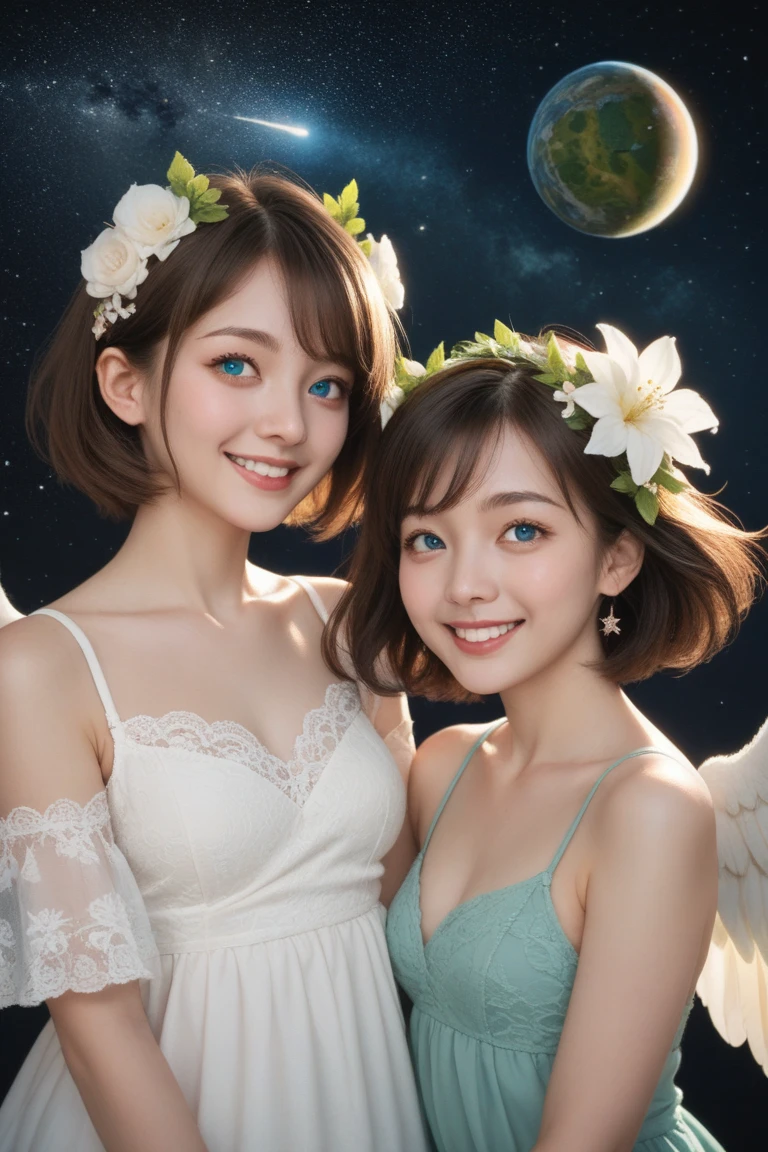 top quality, pastel painting, gentle atmosphere, twin girl angel, cute, Big breast, white wings, smiling happily, brown short hair of different colors, one with blue eyes, one with green eyes, dresses of different colors, flower hair ornament, upper body, looking at the viewer, space, meteor, light,
