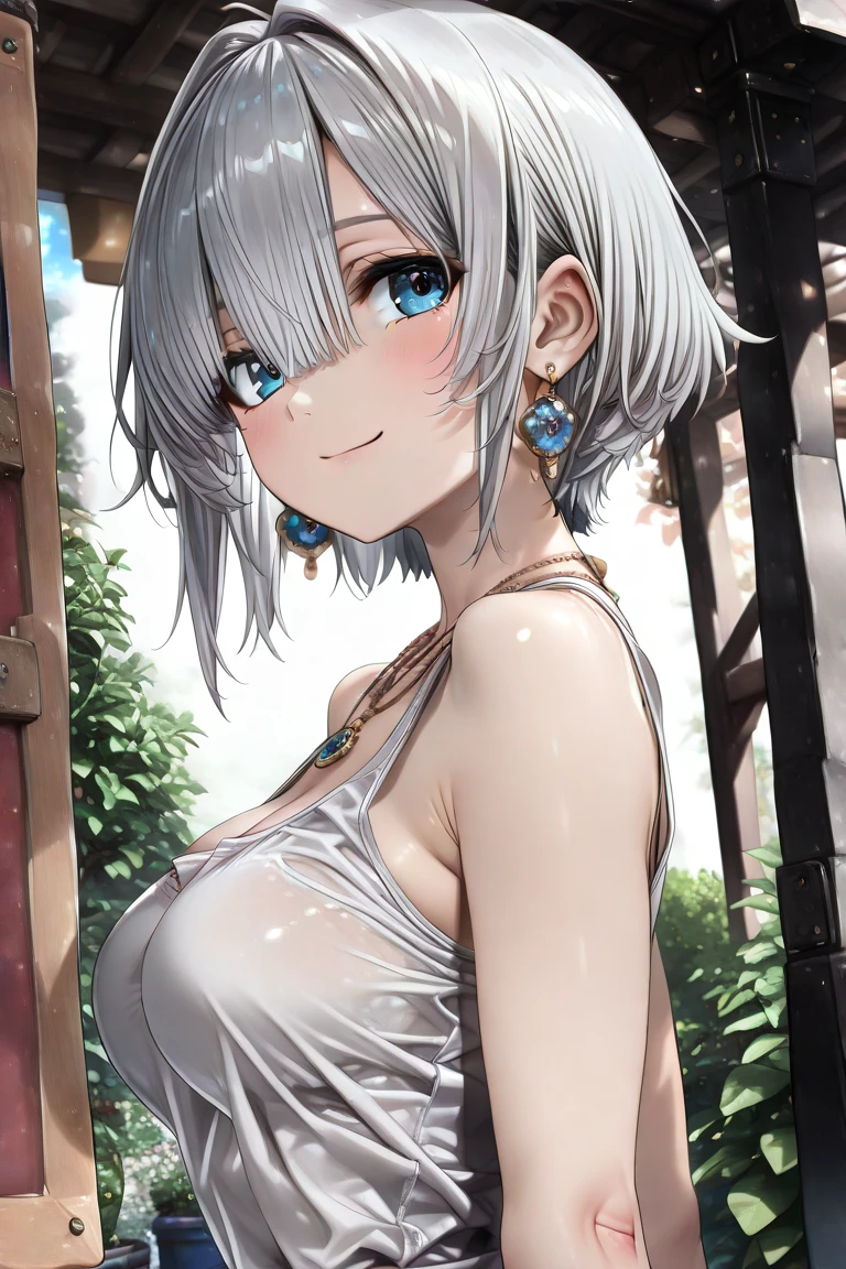 (Highest quality, High resolution, Very detailed), Silver Hair, Super short hair, Reddish brown eyes, sundress, lace thong, Large Breasts, 24th generation, Beautiful woman, mature, quiet, Calm, A small smile, park,