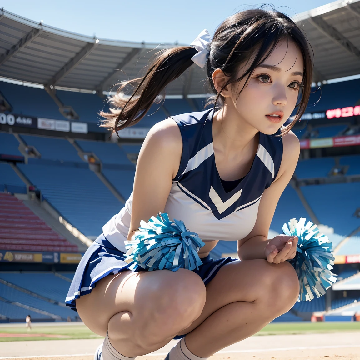 Dynamic pose holding pom pom in stadium:Raise one leg、Ala Fed Asian Cheerleaders:1 person:there is nobody else、A dark-haired、a closeup、cosplay foto、very large breast、Realistic 18-year-old live shot, top-quality, hight resolution, (​masterpiece), (Photorealsitic:1.4), professional photograpy, foco nítido, nffsw, 8K分辨率, intricate detailes,  depth of fields, the Extremely Detailed CG Unity 8K Wallpapers, front lit, femele, girl with, beautiful supermodel, A smile、A slender、Small Cheer Uniform、Sailor suit style