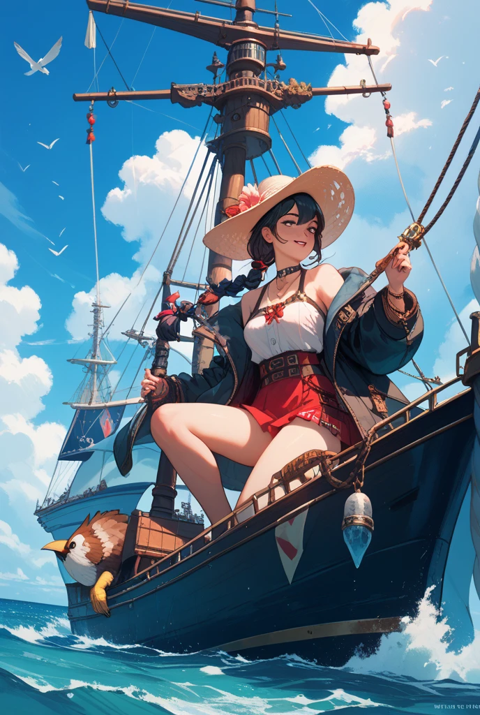 (Masterpiece, Best Quality, 1girl:1.2, 独奏:1.3), Lyubava, on the sea, in a thong, cleavage, Flirting, evil, стерва. Smile, Long hair, Green eyes, brown hair, braid, ((Little Red Riding Hood with yellow circles)), small headdress, Latex Bikini, white sleeves, blush stickers, freckles, Sunlight, large breasts, big thighs, thights, thongs, blue skies, The sea, action pose, TITTIES, semi transparent dress, sexy body, Little clothes, Ass