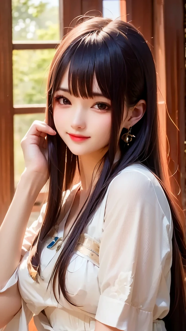 Shining, clear, white skin、Her windblown black hair hides her beautiful face.、huge、Sexy beautiful face of 28 years old、A beautiful and eye-catching ponytail、growing up, glowing light brown eyes、Sexy long silky bangs covering the eyes, Sexy young woman with super long hair hiding her sexy face、Shiny black hair、(((Sexy Woman)))、The cleavage is visible,Red sexy dress