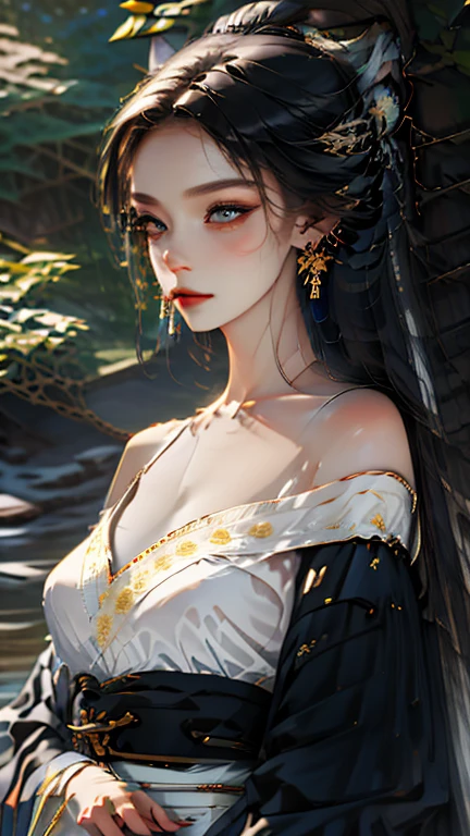 Masterpiece, realistic, beautiful payback princess wearing a thin beautiful feather robe with ultra-long hair of Chinese style black hair in a lotus pond shining in the moonlight, looking down at the viewer with dim eyes, large hair ornament in the shape of a Chinese lotus, 20 years old, dull eyes, photorealistic, ideal hair luster, full body, freckles, mole on the right side of the lips