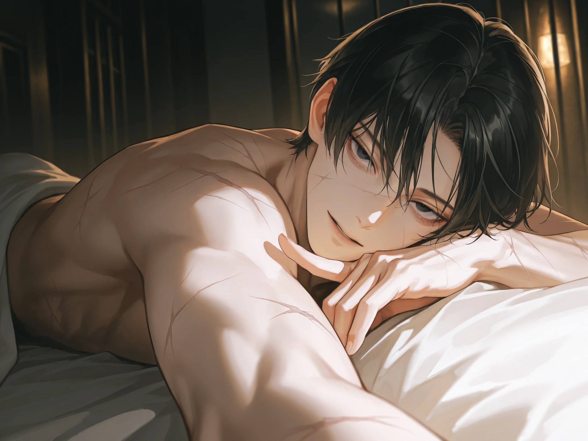 A young guy of 25 years old sleeps in bed, lying on his stomach, covered with a corner of the sheet that has slipped down, beautiful round buttocks are visible, a strong athletic body, sweat on the buttocks, hot, twilight