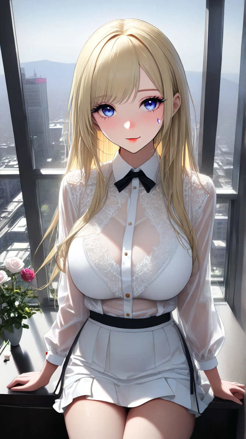 Pure white shirt,Blonde long hair,Small Bust,Cleavage,mini skirt,White panties