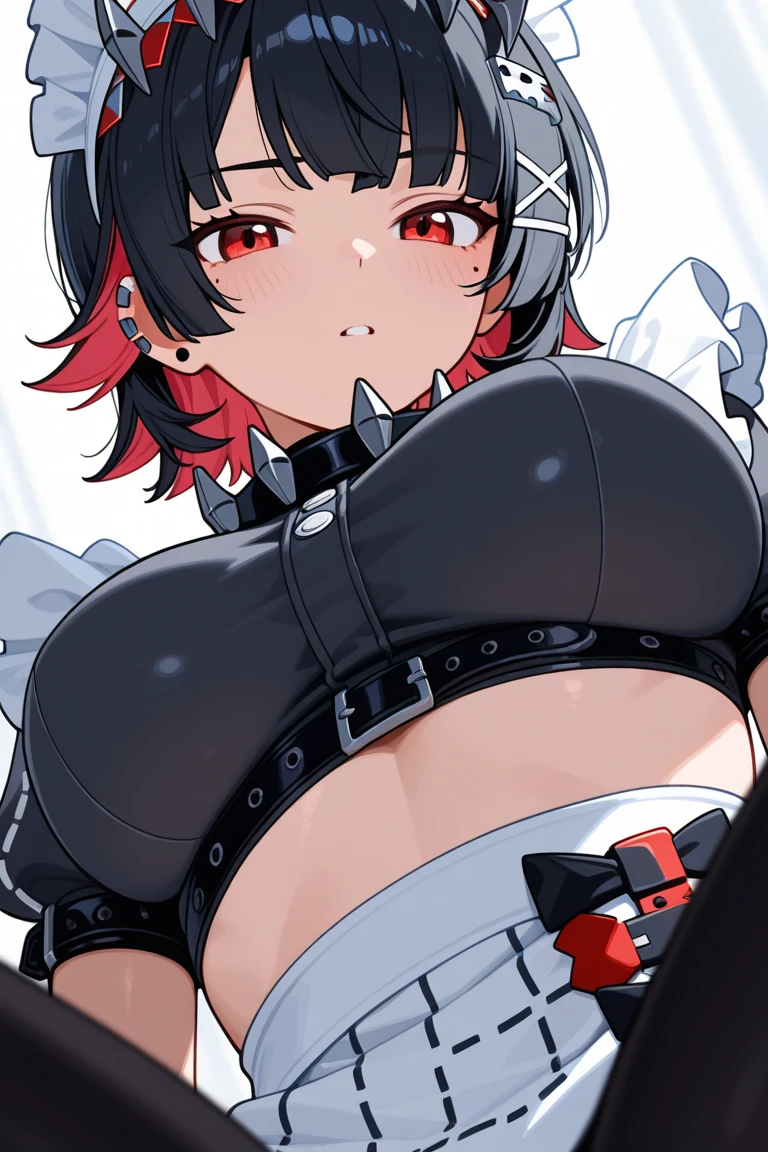 (((masterpiece,Highest Resolution,4K High Resolution,Crisp image quality:1.3)Pussy juice(Detailed Hair,garter belt,One Girl(Large Breasts) ,Maid,, Wrist cuff, Maidheaddress, Red eyes ,Two-tone hair with red on the inside,high school student,Vaginal cross section,(A situation in which a girl is having sex with her hips vigorously)Strong color