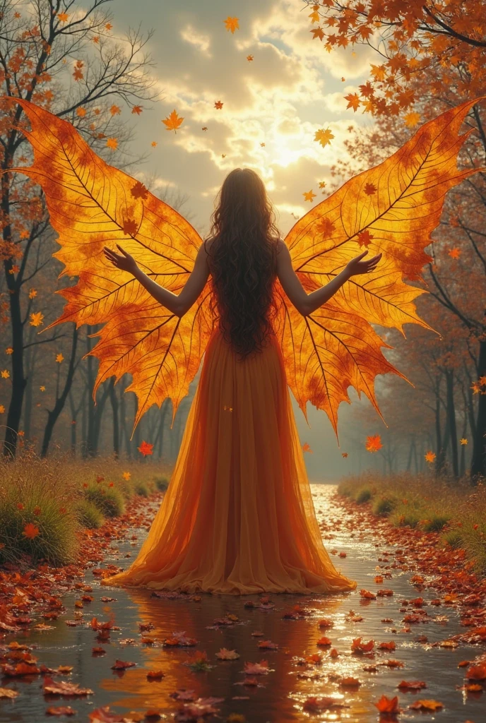 A surrealistic painting depicts a woman standing with her back to the viewer, creating a striking centerpiece. She has long, wavy brown hair flowing down her back and is wearing a flowing dress that seamlessly transforms into large, vibrant autumn leaves. The leaves extend outward from her back in shades of golden yellow, amber orange, and deep red, with intricate vein patterns clearly visible. She holds the leaves spread wide, resembling butterfly wings. The scene is set on a reflective surface, likely a wet path or river, covered with fallen autumn leaves in various colors including burnt orange, golden yellow, and deep red. The foreground shows these leaves scattered on the ground, creating a vivid carpet and leading towards the woman. In the background, there are trees with thin, bare branches and branches adorned with autumn foliage in shades of amber yellow, burnt orange, and deep red on the left, while the right side features denser trees with richly colored leaves. The sky above is dramatic, with a mix of soft and hard light clouds in shades of gray and light beige, through which the sun is visible, casting a warm glow over the entire scene. This interplay between the warm autumnal hues and the cool, cloudy sky creates a magical, ethereal atmosphere. The overall composition is centered, with high contrast, vivid saturation, and warm hues dominating the color palette, enhancing the fantastical and dreamlike quality of the artwork.
