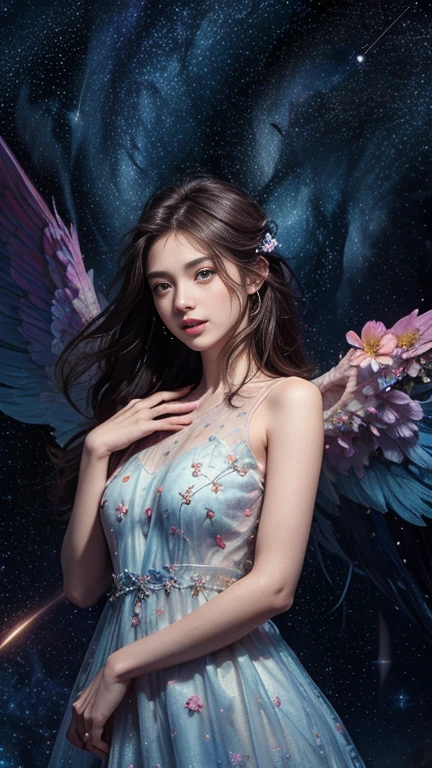 (HD: 1.2), (Best Quality: 1.2), (8K: 1.2), Clear Focus, (Underground Scattering: 1.1), Award Winning Photo (Glowing Bioluminescent Forest: 1.2), Perfect Face, Perfect Beautiful Eyes, Symmetry, Soft Lighting, Perfect Face, Cute Angel, Giant Angel Wings in Rainbow Colors (Highly Detailed Background: 1.2), (Magic Fantasy: 1.0), (Original: 1.1), (Dream Art: 1.1), Dramatic Lighting,