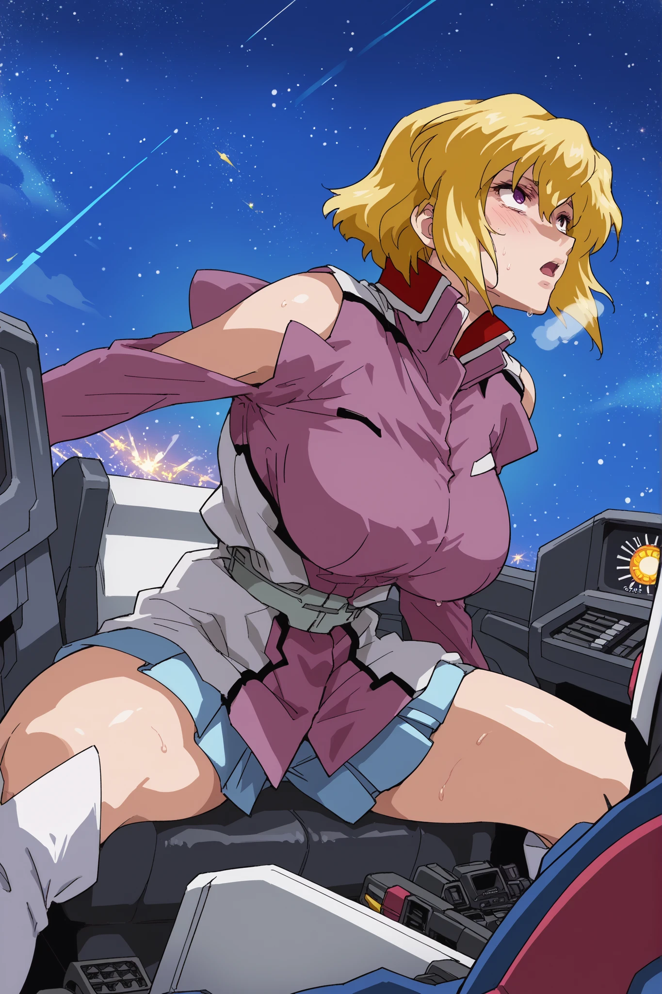 score_9,score_8_up,score_7_up,score_6_up,score_5_up,score_4_up,anime coloring,source_anime,anime screencap,stella,1girl,solo,purple eyes,blonde hair,short hair, pink jacket,shoulder cutout,blue one-piece,thigh boots,portrait, solo, be shy of, blush, huge breasts, big thighs, collapsed breasts, heavy breathing, Sweat stains everywhere, arena, dynamic angle, tired, heavy breathing, grinning, (spread legs), sitting, cockpit, pilot, gundam pilot, from side, space, struggling, constricted pupils, screaming, leaning forward, looking up, dutch angle