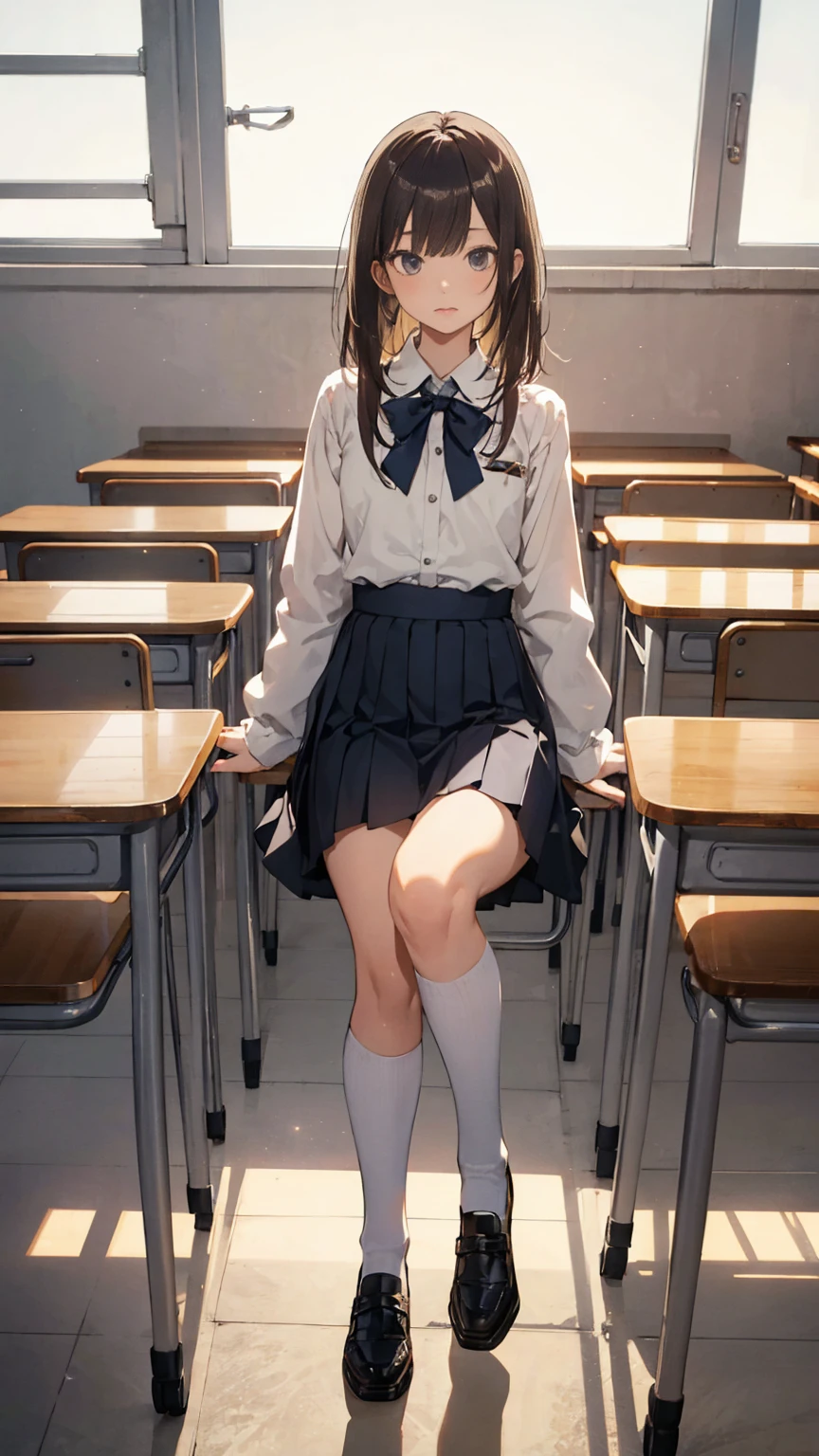 (Highest quality)、(One Girl)、(naked)、mini skirt、Thick thighs、Knee-high socks、In the classroom、Embarrassed face、Pitch Resuit