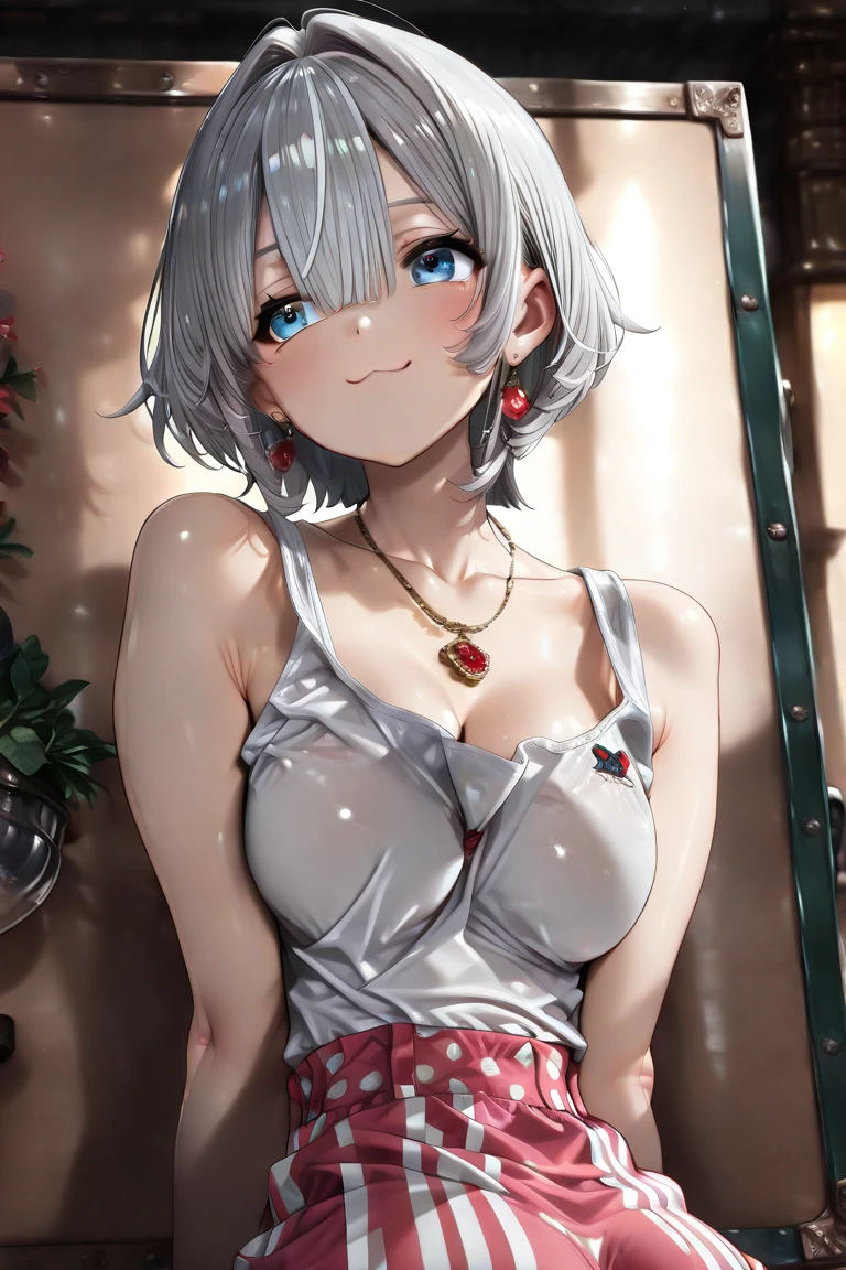 Score_9, score_8_up, score_7_up, score_6_up, gyaru, source_anime, 1girl, solo, white background, brick wall backdrop, upper body, looking at viewer, BREAK, earrings, BREAK, thin pink lips, tanned skin, pink makeup, fur trim, bare shoulders, off shoulder, white choker, hairclip, hair between eyes, Smile, full body image