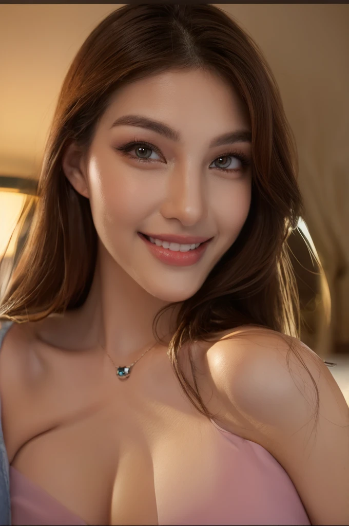 best quality, ultra-detailed, photorealistic: 1.39), bright and vibrant colors, studio lighting, romantic expression, seductive, Maid, very intense makeup, voluptuous woman, smiling