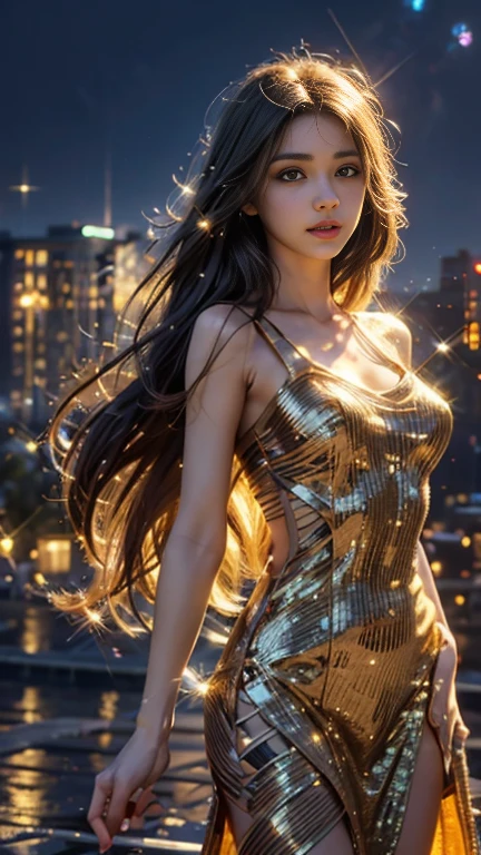 (Photoreal Stick:1.5, masutepiece:1.5, 8K), (top-quality, masterpiece, 超A high resolution), Perfect dynamic composition, Professional camera work:1.4, Highly detailed skin and facial texture:1.3, Mystical portrait:1.3, Grow Light Effect, The ultra-detailliert, 1girl in, ((Night view from the rooftop, The moonlight at night illuminates my body)), (light golden nightgown), Model body type, Clear face, (Beautiful and seductive eyes:0.9, Enraptured look:1.0, i love you completely:0.8, A mouthfeel that feels beautiful eros:0.7), (Wet dark brown medium hair), candles, the chest is medium, a necklace, (Leaning against the window, Sit up), ((Bombshell, seductiv, Functional, blows wind))