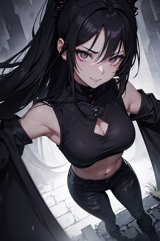 (masterpiece), best quality, expressive eye, perfect face, mature female, medium breasts, Cleavage, long hair, (hair over one eye), very long hair, straight hair, black hair BREAK yellow eye BREAK (demon girl), horns, wings, latex, crop top, pleated skirt, (black background), fire, flames, (hell), standing, glaring, evil grin, looking at viewer, midriff, bare shoulders, sleeveless 