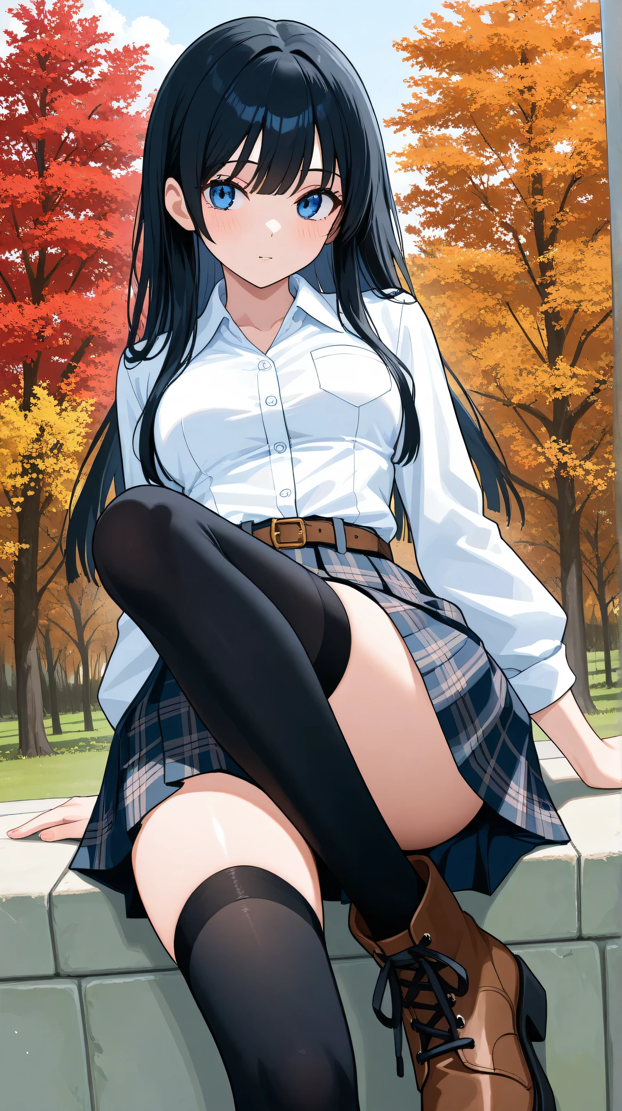 ((Angle from directly below))、Highest quality、sitting on a park bench、Put your feet on the bench、female、Age 25、成熟したfemale性、Mature look、Black Hair、long hair、Straight Hair、White collared shirt、((Button up、Navy blue pleated skirt、Brown boots))、Pink Panties、Leg spread、Spread your legs、Huge breasts、