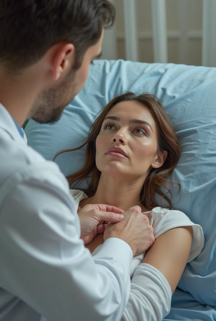 Un homme sexy en t shirt avec des gants blancs qui se tient derière une femme dans un lit d’hopital. L’homme mets un chiffon sur la bouche de la femme qui se débat