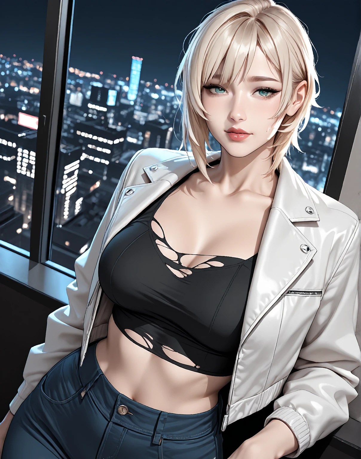 the finals game, view from the top, a busty blonde girl falls to her knees, cyberpunk hairstyle, in a black and yellow unbuttoned jacket, open neckline, a bullet pendant on her neck, smiling, full length, against the back. of coins falling from the sky, 8k art realism, graphics, comics, anime, sketch, grotesque, pencil, grunge, panorama