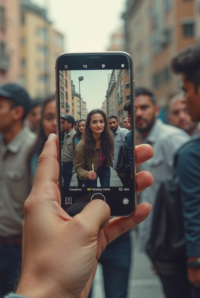 a crowd of people around a giant smartphone looking up