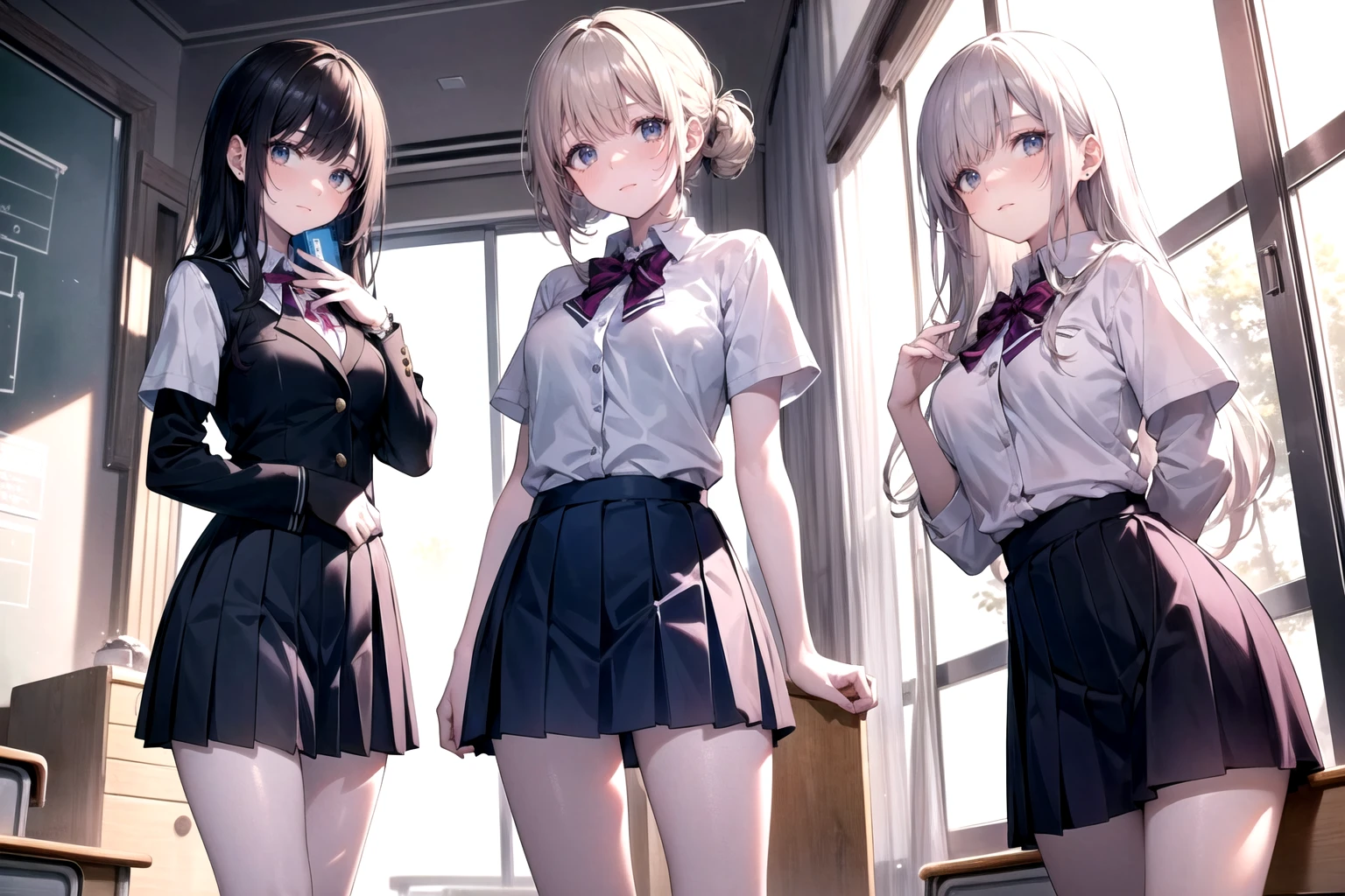 masterpiece, Highest quality, Five girls in a changing room,(Five people getting changed:1.4),Are standing,Ten generations, looking at viewer,Group shot, Harem,ips,underwear,(panties),Realistic,,(Dark blue blazer and white shirt) ,(Dark blue pleated skirt),Blue Ribbon ,(looking back, Grab your ass:0.9),(Beautiful Eyes:1.3),sFrom below,From below,Kinney,(スKinney:1.2) ,Thin thighs, Thin legs,game cg,Bright interior,(Looking at each other:1.5),I closed the curtains.,(Lift up your shirt,Lifted it himself:1.6) ,Dark person.((skirtliftfront:1.4)),(panties:1.5),looking through legs,(((drunken eyes:1.3))),(((changing clothes:1.8))),