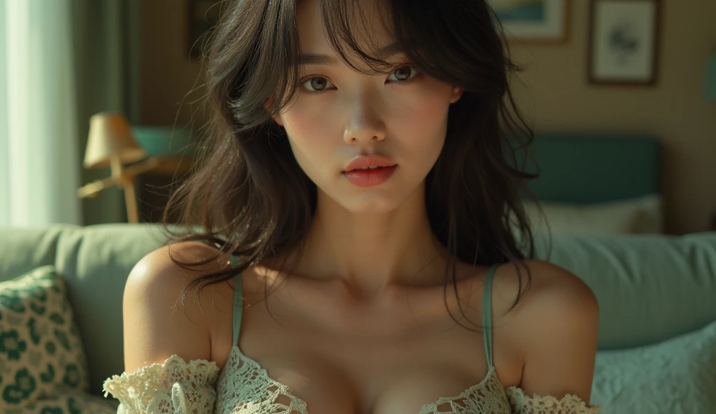 20 years old girl lying on sofa, Big black wavy hair, Wear suspenders, Plump figure, Delicate facial features, Realistic image quality, Asian girl, Age: Approximately 1, Surreal,hypnotism, uderboob
