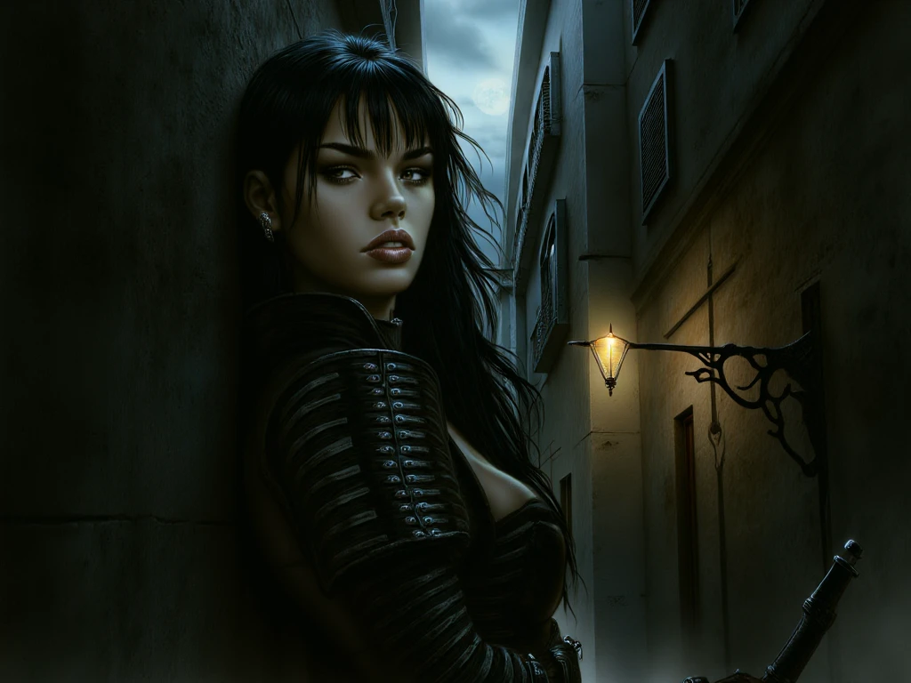 masterpiece,best quality,illustration, style of Mike Worrall and frank frazetta, high res, ((paiting)), (front view), ((1girl)), death metal album cover featuring a beautiful 20 years old girl, she is waiting for viewer in a dark alley with wicked intent, ((looking at viewer)), wearing a black leather jacket and spiked bracelet, ((holding a bloodied knife)), (blood on her hands) . ((night)), ((in a dark alley)), dark color palette, perfect anatomy