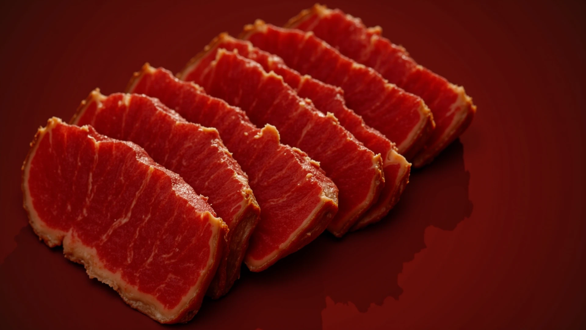 In a vibrant, sunlit kitchen, succulent slices of marbled pork belly glisten with a tantalizing sheen, captured with a Canon EOS R5 paired with a 50mm f/1.2 lens at ISO 200, shutter speed 1/125s; the rich pinks and creamy whites of the meat contrast beautifully against a rustic wooden cutting board, while soft shadows dance around the edges, inviting viewers to savor the mouthwatering texture and flavor, making it an irresistible centerpiece for any restaurant advertisement