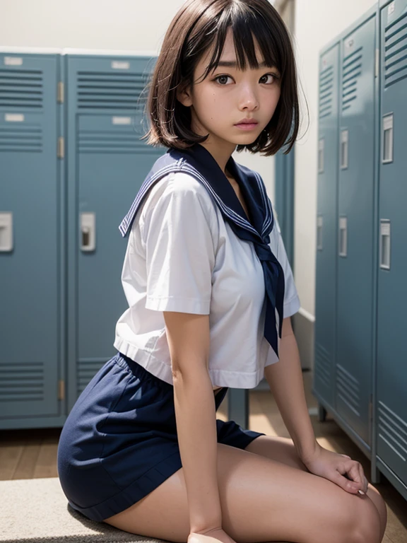 Wolf cut hair, Japanese girl, a white sailor-style school uniform, short sleeve, taking off panty