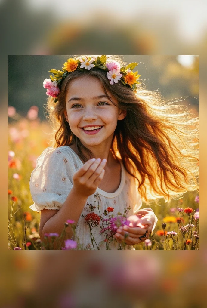 arafed girl with flowers in her hair smiling and holding a bunch of flowers, flowers on heir cheeks, wearing a flower headpiece, flower child, wearing a floral crown, girl in flowers, happy girl, flowers in hair, lotus floral crown girl, beautiful pink little girl, she has a crown of flowers, girl with a flower head, girl with a flower face