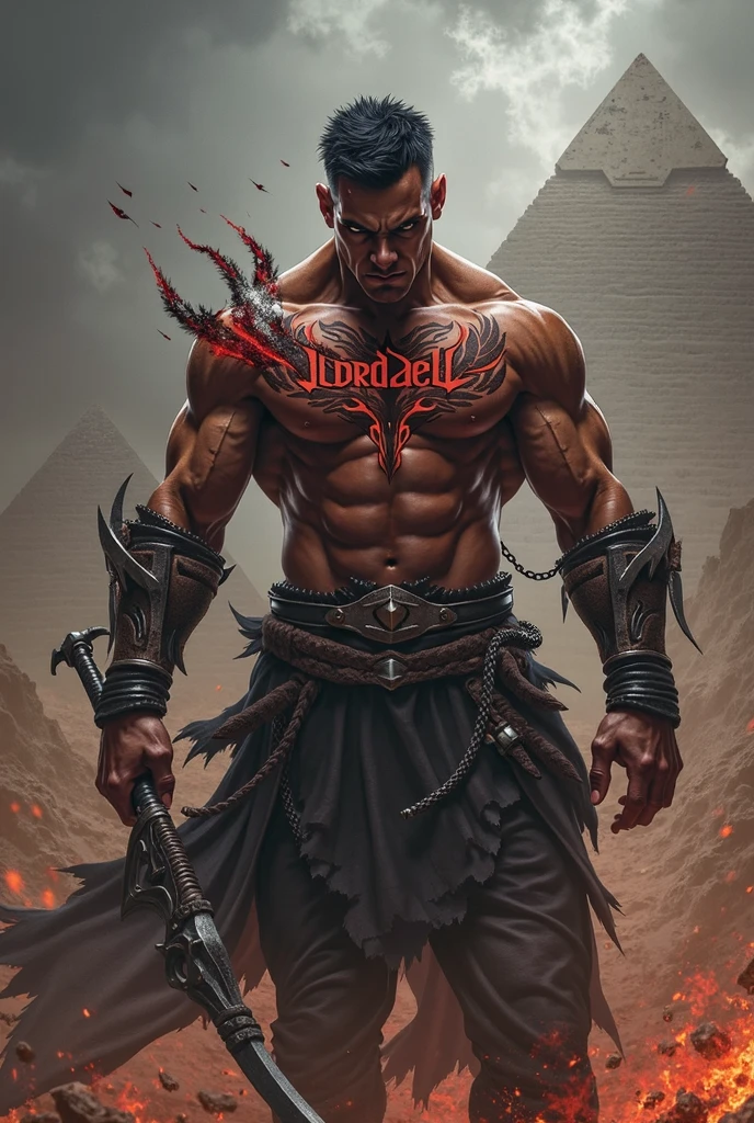 a devil
In hell with red fire and evil sign background
With a big and thick blue Star of David necklace
With many evil tattoos on arms and legs
The number 666 is written in blood on his stomach
with horns
Evil open mouth laugh with head up and eyes closed
With bloody hands wrapped in one hand of a snake