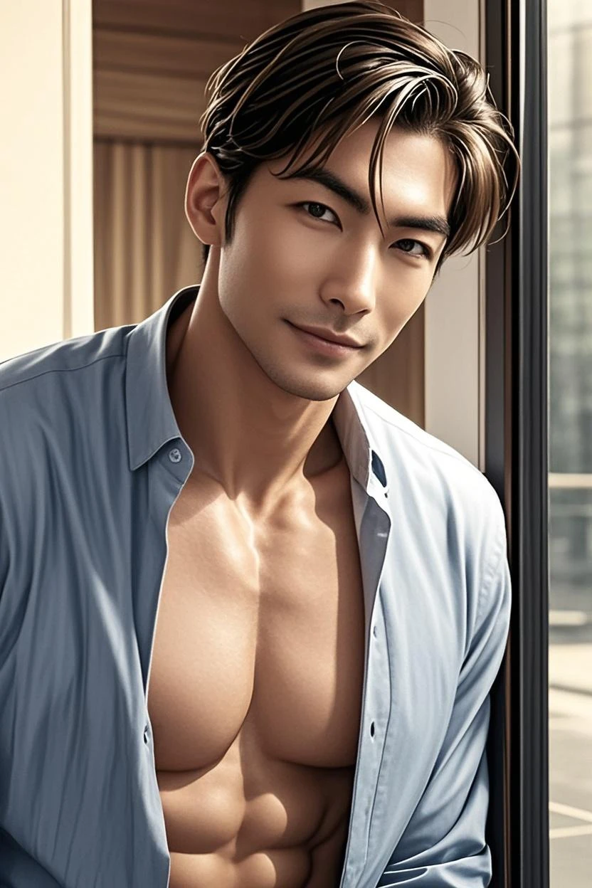 A refreshing, handsome man,(Super cool S-class guy)、Japanese Male, 30 years old、、Photographed inside the living room、a handsome guy、(CG Unity 8K high resolution photo)、(Very detailedSA handsome guy in class)、(Realistic)、(highest quality))、Very detailed、super high quality、expensive、audience、kind person、short Hair、Bright photo、Handsome like a model、Handsome like an idol、Looking at the camera、inside a Japanese room、Stubble, shirtless, topless, Japanese loincloth, white loincloth