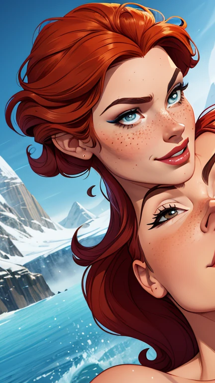 Beautiful portrait mode pose Cartoon character in dynamic pose two women together with freckles on their faces Disney princess Queen Anna of Arendelle with 1,60cm on the left and together with a symmetrical body and beautiful breasts, corpo bem definido, delicado e sensual, estilo de desenho animado, digital illustration Portrait mode a close up of two women Cartoon style digital illustration in bikinis in front of a mountain, artegerm e lois van baarle, artegerm e atey ghailan, modelo uniforme | artegerm, artegerm e Genzoman, artegerm comic, como visto em artegerm, artegerm e wlop, artegerm and rossdraws style digital illustration cartoon style 