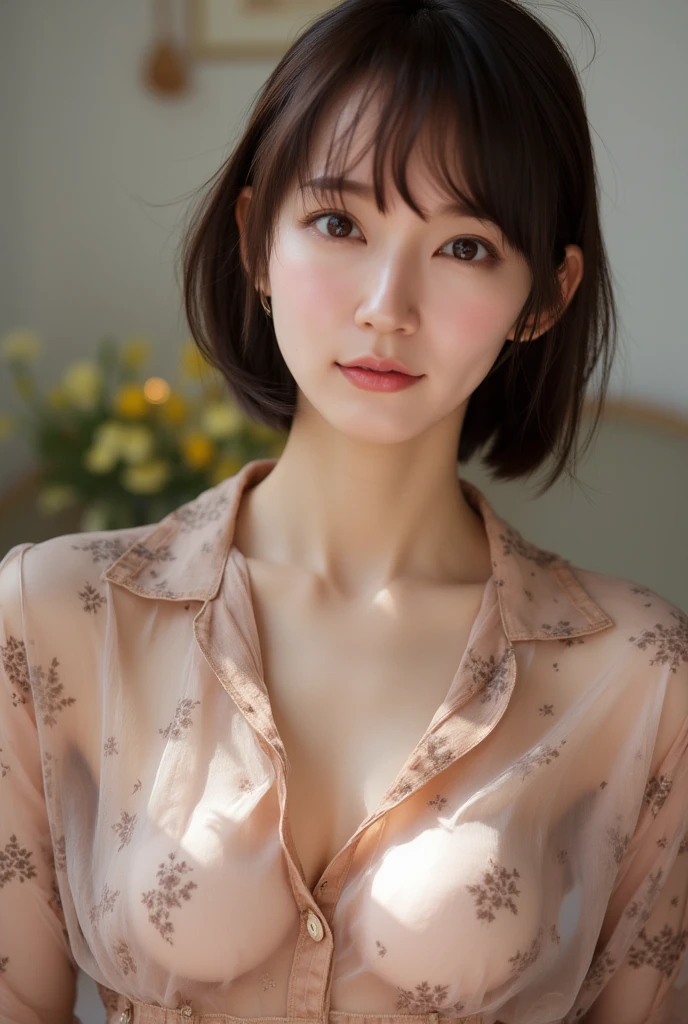 cute japanese 21 years old、Bedroom、pajamas、attention to detail、double eyelid、beautiful thin nose、sharp focus:1.2、Beautiful woman:1.4、(light brown hair、short hair、) 、pure white skin、highest quality、masterpiece、超High resolution、(Photoreal:1.4)、High resolution, professional lighting、nice smile、show the whole body、かわいいpajamas、Chest glimpsed、cute、beautiful woman、