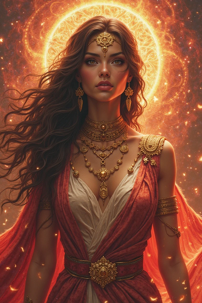 Long hair goddess Sita,red saree dress,ancient look,fiery background